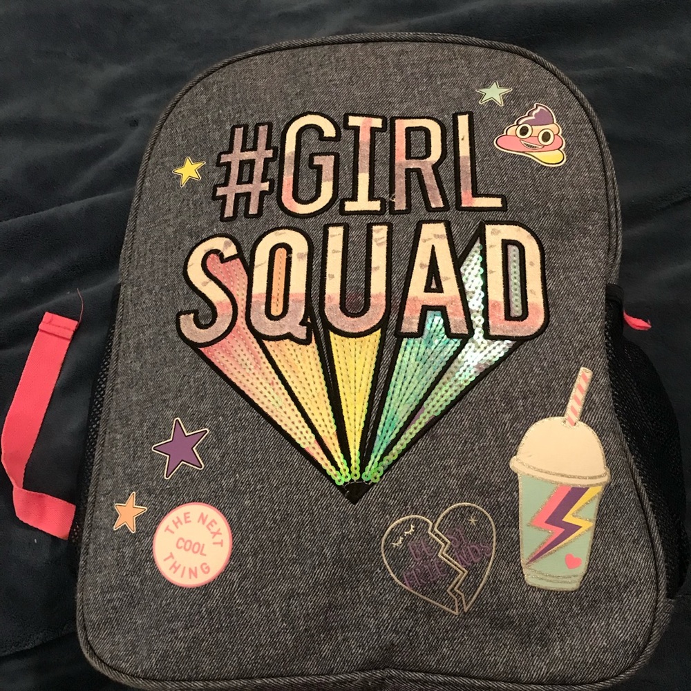 “GIRL SQUAD” Denim back pack trimmed in Pink